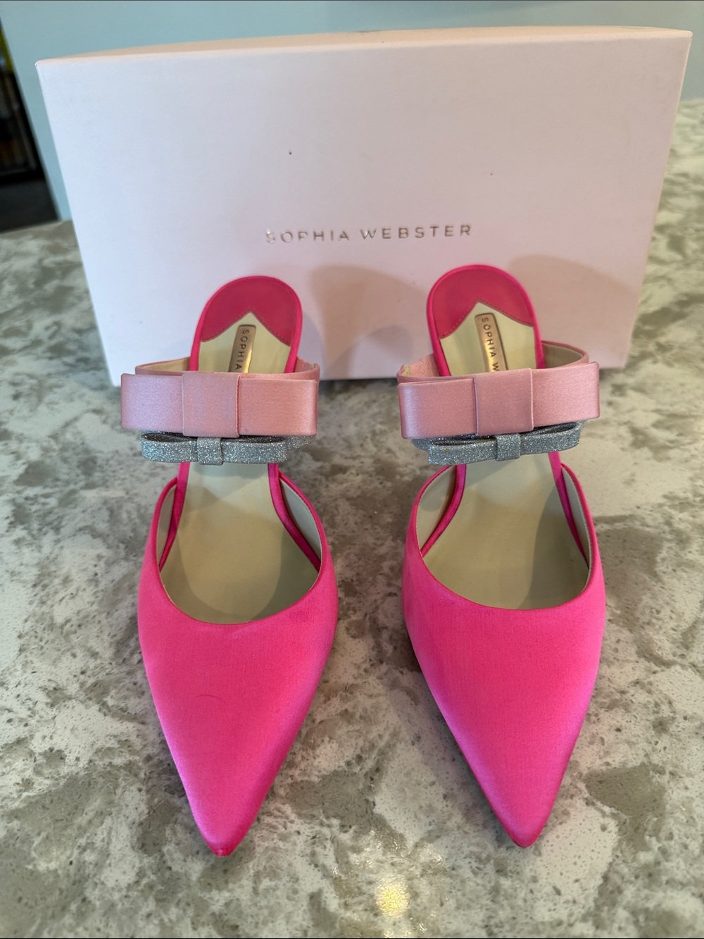 Sophia Webster Hot Pink Satin 85mm Heels with Silver Accent